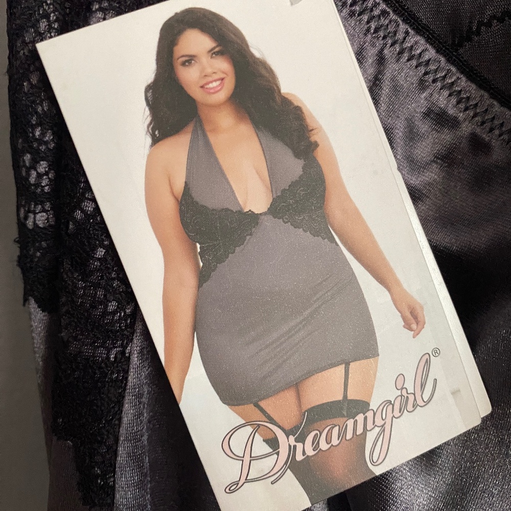 2X DREAMGIRL Black/Slate T-Back Lace Satin Garter Slip Lingerie